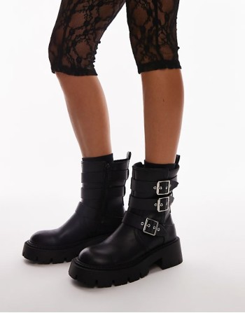 Wide Fit Luke chunky biker boots with buckle detail in black